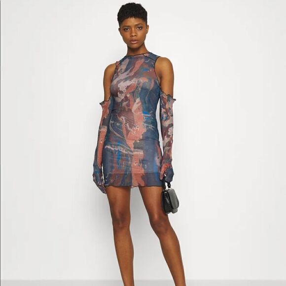 Jaded London Marble Print Cold Shoulder Glove Detail Mesh Mini Dress size 4 - Picture 1 of 16
